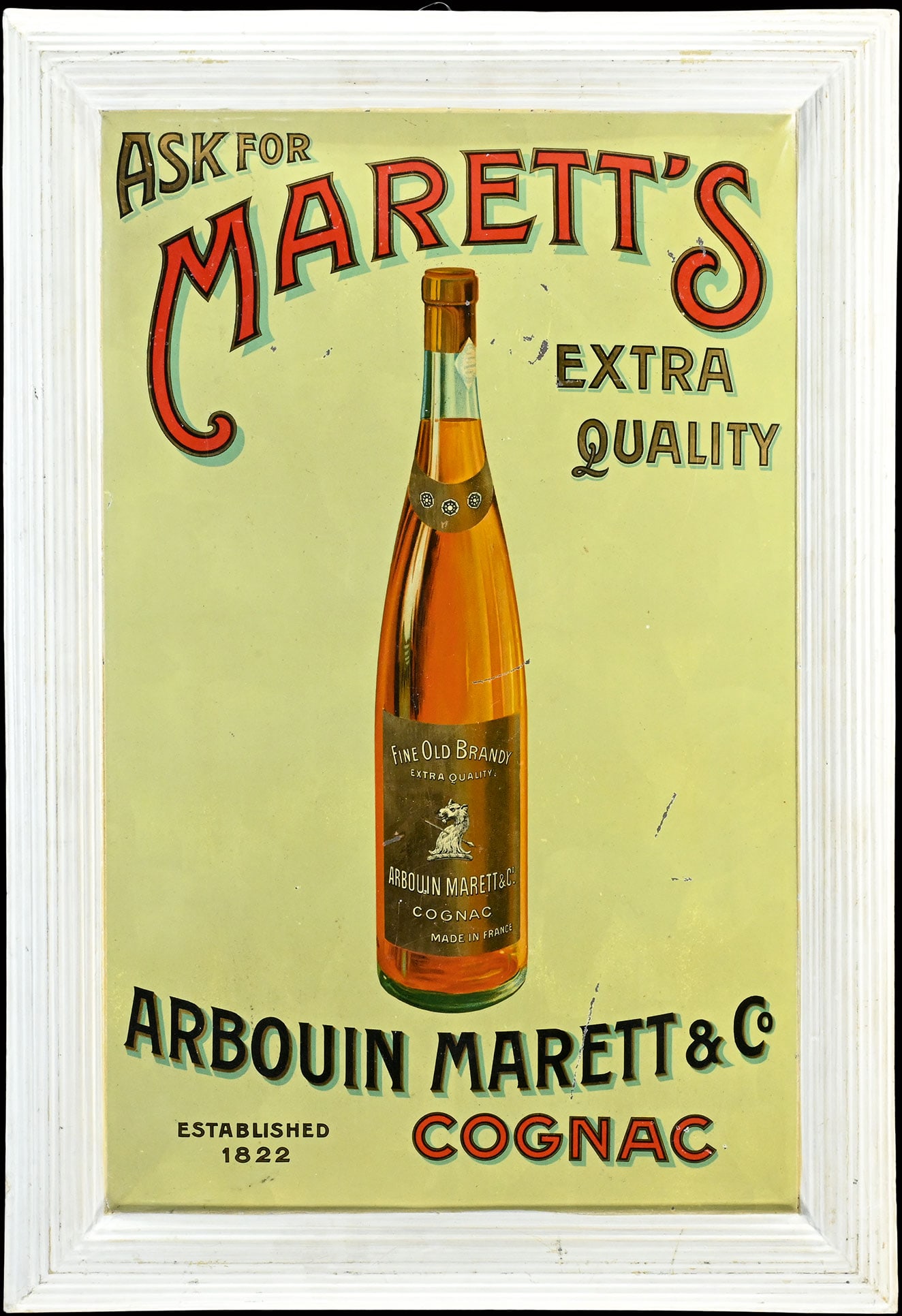 MARETT'S COGNAC | TIN SIGN | (2): Tin sign, convex, embossed, lithographed, F around 1920, 45 x 65 cm | We do only sell old original pieces - no reproductions or fakes. We pack in house, most items can be shipped overseas. Wooden crat