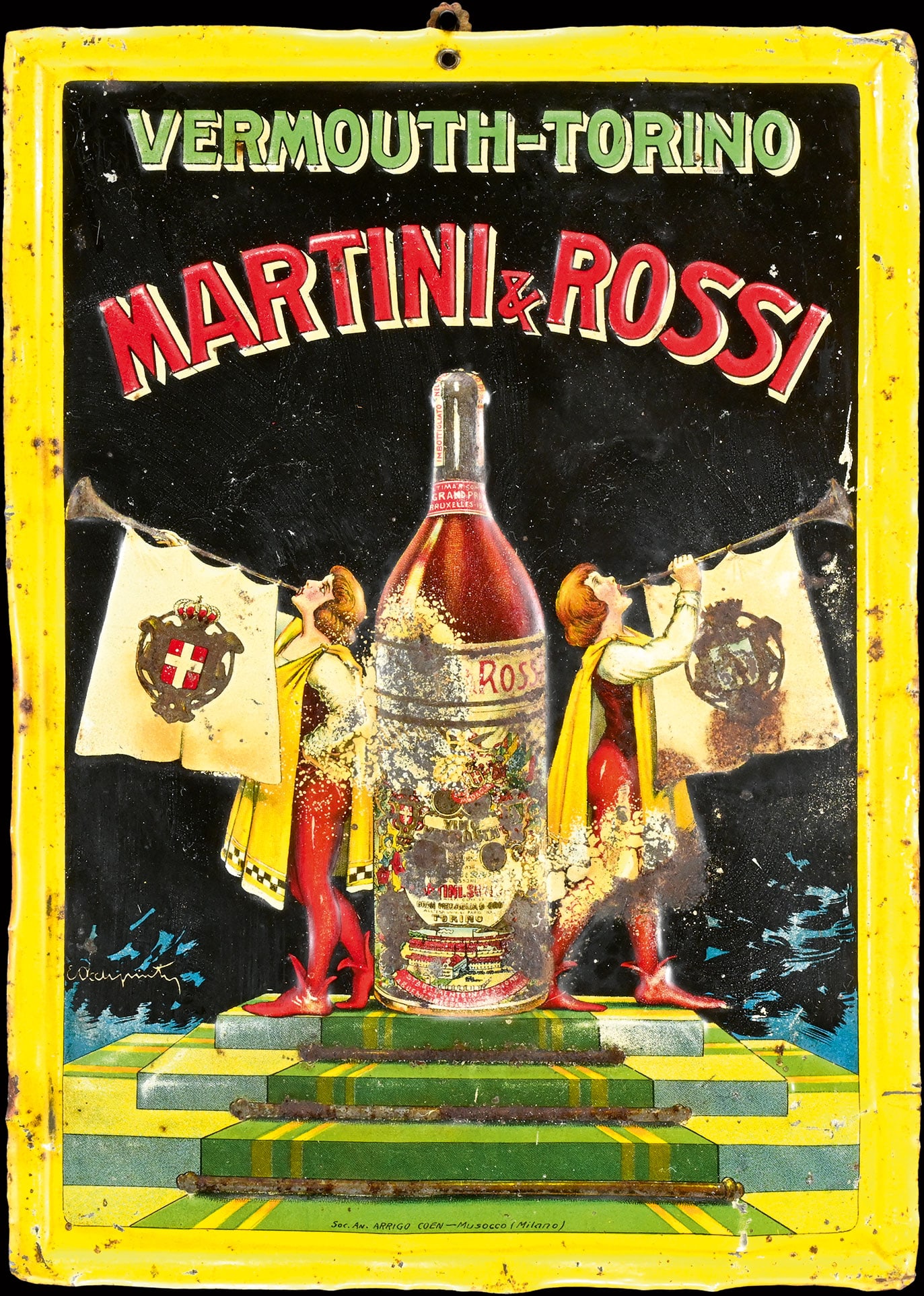 MARTINI & ROSSI | TIN SIGN | (3+): Tin sign, embossed and lithographed, Torino/IT around 1920, 25 x 35 cm, Soc. An. Arrigo Coen, Musocco (Milano), the whole image embossed in relief, left of it an illegible signature, charming traces o