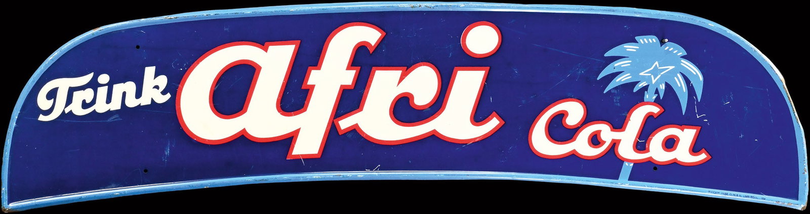 TRINK AFRI COLA | TIN SIGN | (1-2): Tin sign, GER/AT 1954, 116 x 27 cm, Blechwarenfabrik G.m.b.H. Limburg/L., a rarity that used to be mounted on top of Volkswagen busses that advertised and delivered the soft drinks | We do only sell o