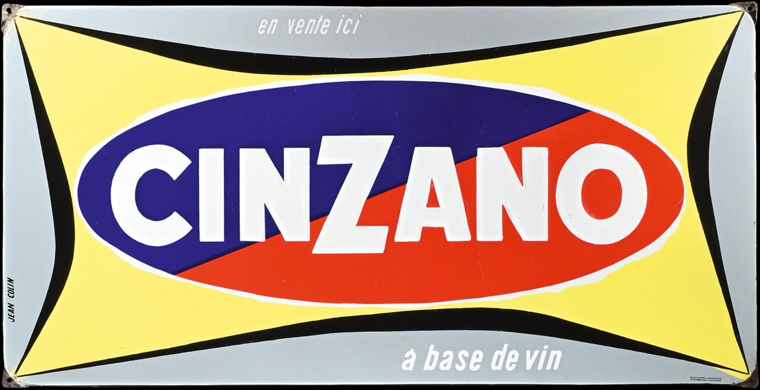 CINZANO | PORCELAIN SIGN BY JEAN COLIN | (1-): Porcelain sign ( Enamel sign ), the lettering embossed, stenciled, F 1950s, 97 x 48 cm, Emaillerie Alsacienne Strasbourg-Hoenheim, signed: Jean Colin, rare version with the "en vente ici" addition | W