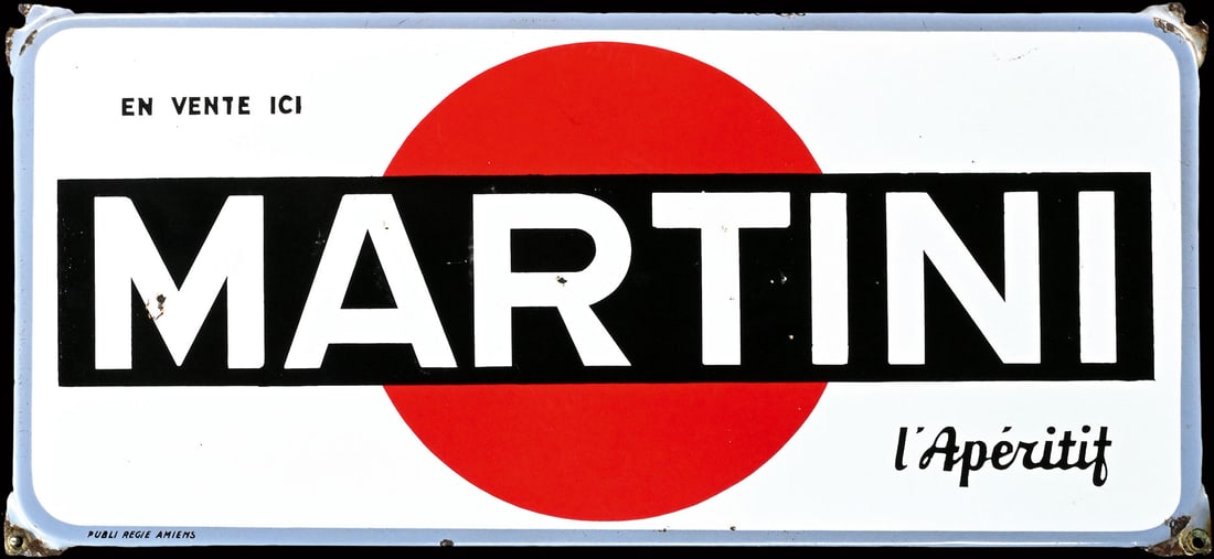 MARTINI L'APERITIF | PORCELAIN SIGN | (2): Porcelain sign ( Enamel sign ), stenciled, F 1950s, 66 x 30 cm, Publi Regie Amiens, the upper flaps with material loss, very beautiful gloss and colors | We do only sell old original pieces - no repro