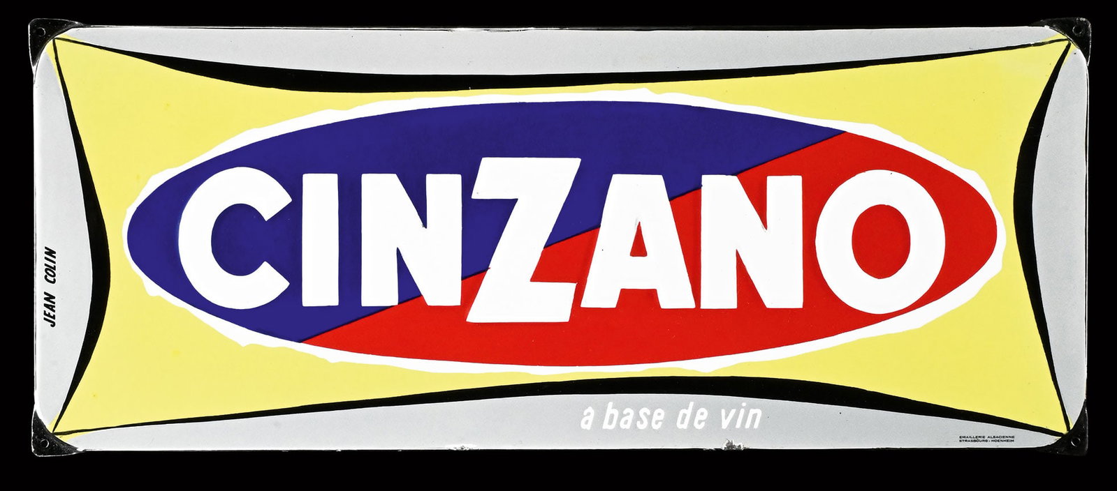 CINZANO | PORCELAIN SIGN BY JEAN COLIN | (1): Porcelain sign ( Enamel sign ), stenciled, the "Cinzano" lettering embossed, F 1950s, 75 x 30 cm, Emaillerie Alsacienne Strasbourg Hoenheim, the small version of the classic with fresh gloss, designed