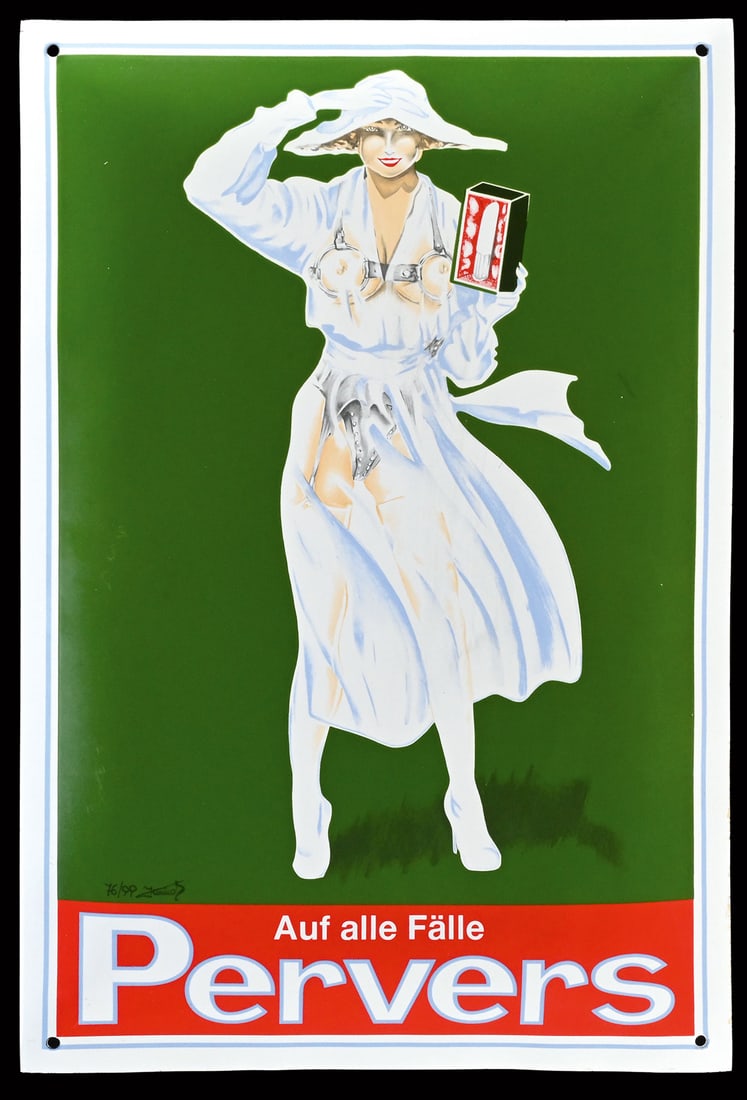 AUF ALLE FAELLE PERVERS | PORCELAIN SIGN BY SAMMY KONKOLITS | (1++): Porcelain sign ( Enamel sign ), convex, stenciled and lithographed, AT 1998, 40 x 60 cm, artist design by Sammy Konkolits, here Kurt Heiligenstaedt's "White Lady" is depicted in a somewhat obscene man