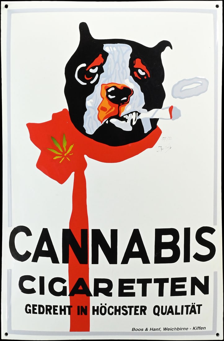CANNABIS CIGARETTEN | PORCELAIN SIGN BY SAMMY KONKOLITS | (0-1): Porcelain sign ( Enamel sign ), convex, stenciled, AT 1998, 40 x 60 cm, an artist design by Sammy Konkolits who depicts the Casanova bulldog as a stoned smoker, this is no. 57 of 99 pieces produced, t