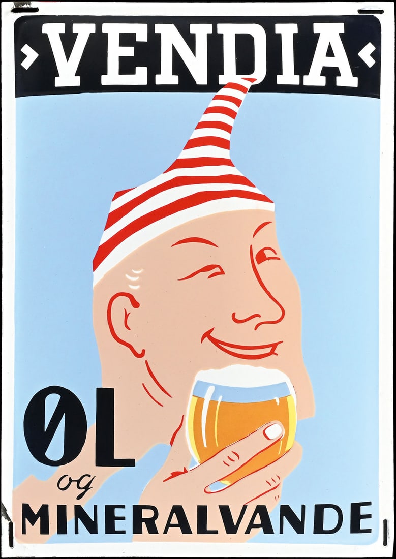 VENDIA diam.L | PORCELAIN SIGN | (1): Porcelain sign ( Enamel sign ), convex, stenciled, DEN 1930s, 43 x 60 cm, a humorous advertisement, the sailor raises his glass with a wink at the viewer, the colors were applied in at least six diffe