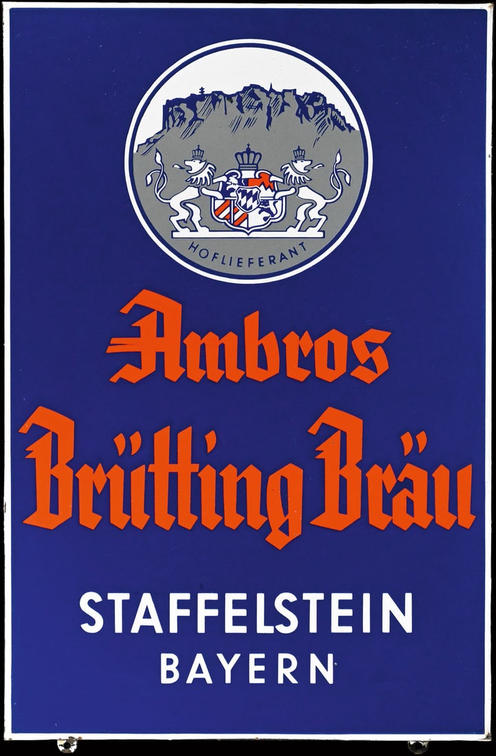 AMBROS BRUETTING BRAEU | PORCELAIN SIGN | (1): Porcelain sign ( Enamel sign ), stenciled, GER around 1950, 48 x 73 cm | We do only sell old original pieces - no reproductions or fakes. We pack in house, most items can be shipped overseas. Wooden c