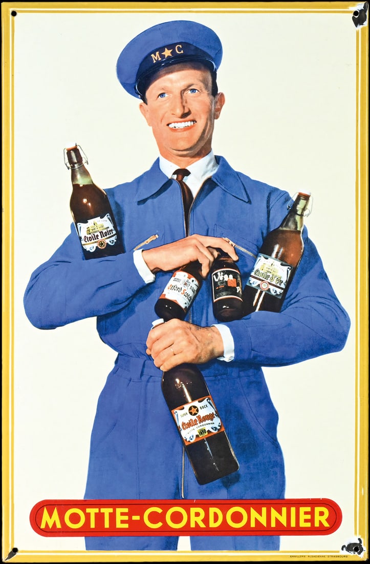 MOTTE-CORDONNIER | PORCELAIN SIGN | (1-2): Porcelain sign ( Enamel sign ), stenciled and lithographed, F 1950s, 48 x 74 cm, Emaillerie Alsacienne Strasbourg, with a broad grin and all sorts of specialty beers from the brewery, the funny-lookin