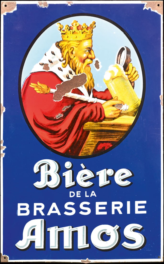 BIERE DE LA BRASSERIE AMOS | PORCELAIN SIGN | (3): Porcelain sign ( Enamel sign ), stenciled and lithographed, Metz/F around 1930, 55 x 90 cm, very beautiful gloss and colors | We do only sell old original pieces - no reproductions or fakes. We pack i