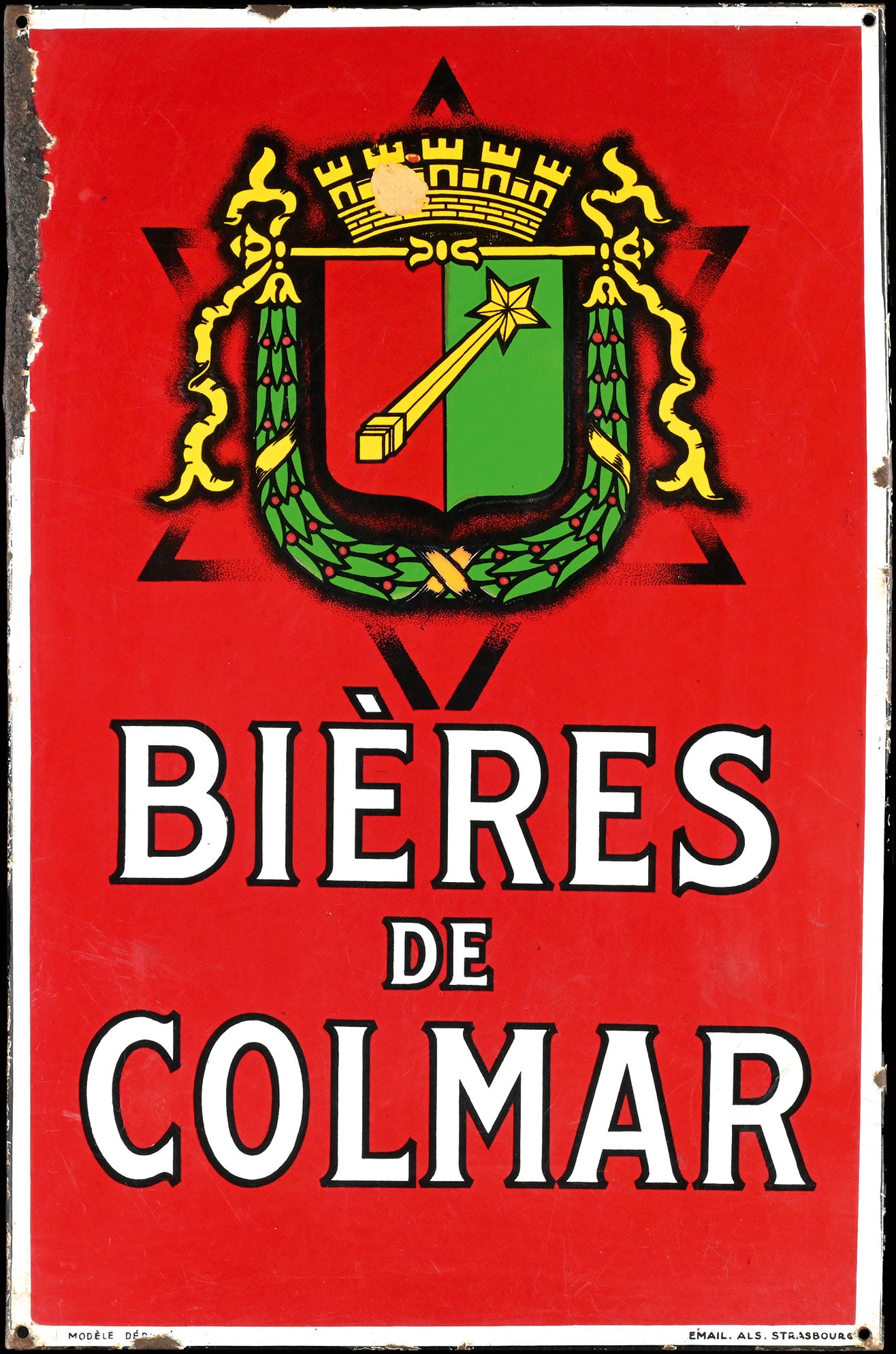 BIERES DE COLMAR | PORCELAIN SIGN | (3): Porcelain sign ( Enamel sign ), stenciled and lithographed, F 1930s, 48 x 73 cm, Email. Als. Strasbourg, traces of aging and usage, beautiful colors | We do only sell old original pieces - no reproduc