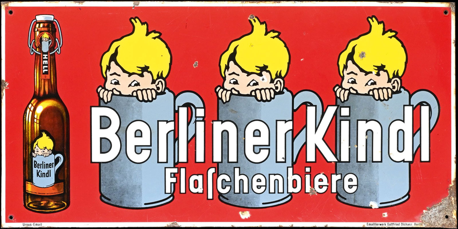 BERLINER KINDL | PORCELAIN SIGN | (3+): Porcelain sign ( Enamel sign ), stenciled and lithographed, GER 1930s, 120 x 58 cm, Ursus-Email, Emaillierwerk Gottfried Dichanz, Berlin, a Berlin classic in rarest lettering version, the gloss is sti