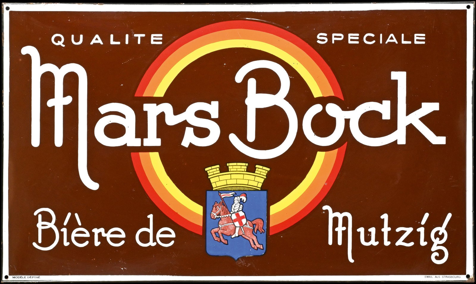 MARS BOCK MUTZIG | PORCELAIN SIGN | (1): Porcelain sign ( Enamel sign ), stenciled and lithographed, F around 1930, 98 x 58 cm, Emaillerie Alsacienne Strasbourg | We do only sell old original pieces - no reproductions or fakes. We pack in ho