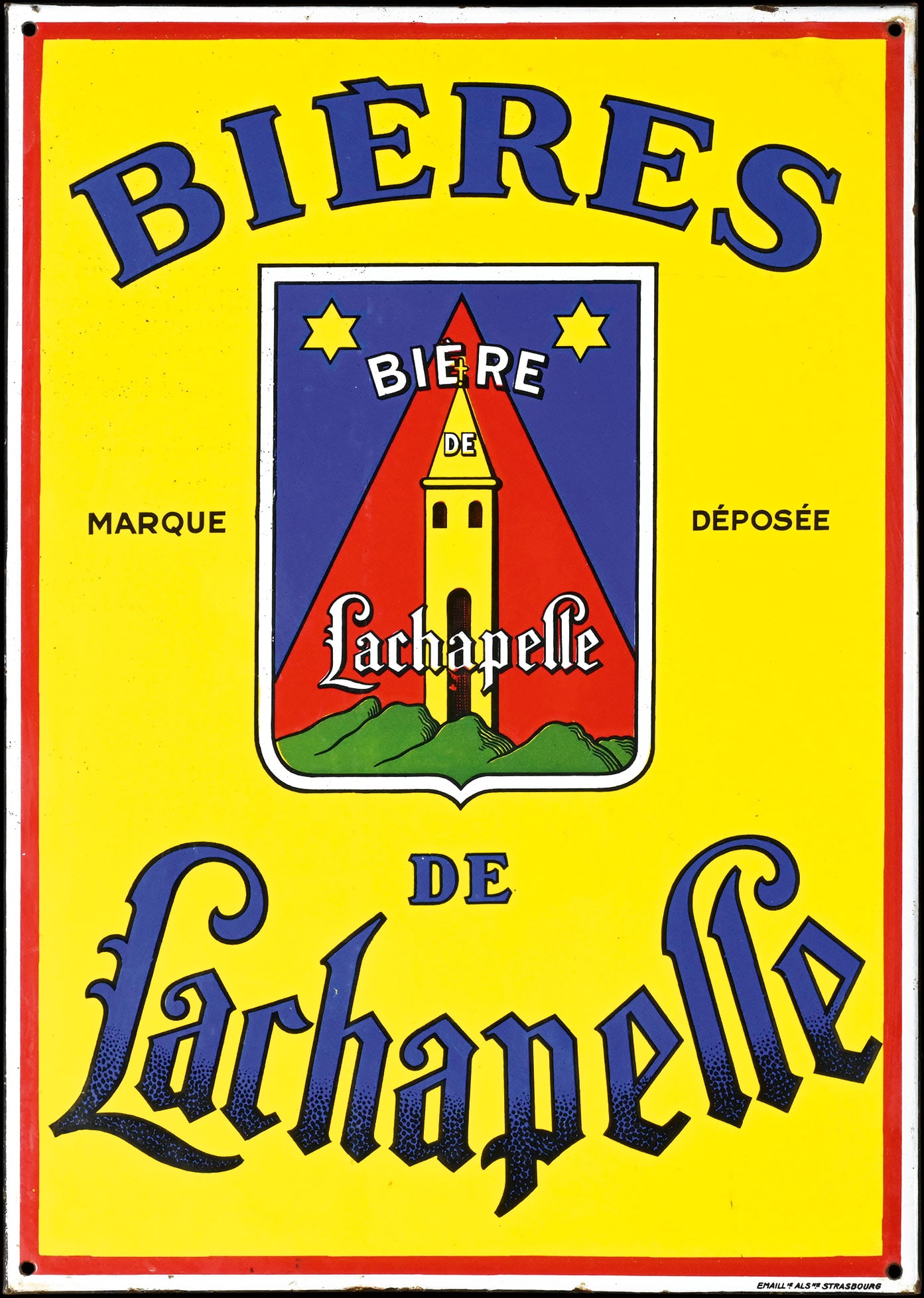 BIERES DE LACHAPELLE | PORCELAIN SIGN | (1): Porcelain sign ( Enamel sign ), stenciled and lithographed, F around 1930, 48 x 68 cm, Emaillerie Alsacienne Strasbourg, very glossy and with fresh colors, rarely so good | We do only sell old origina