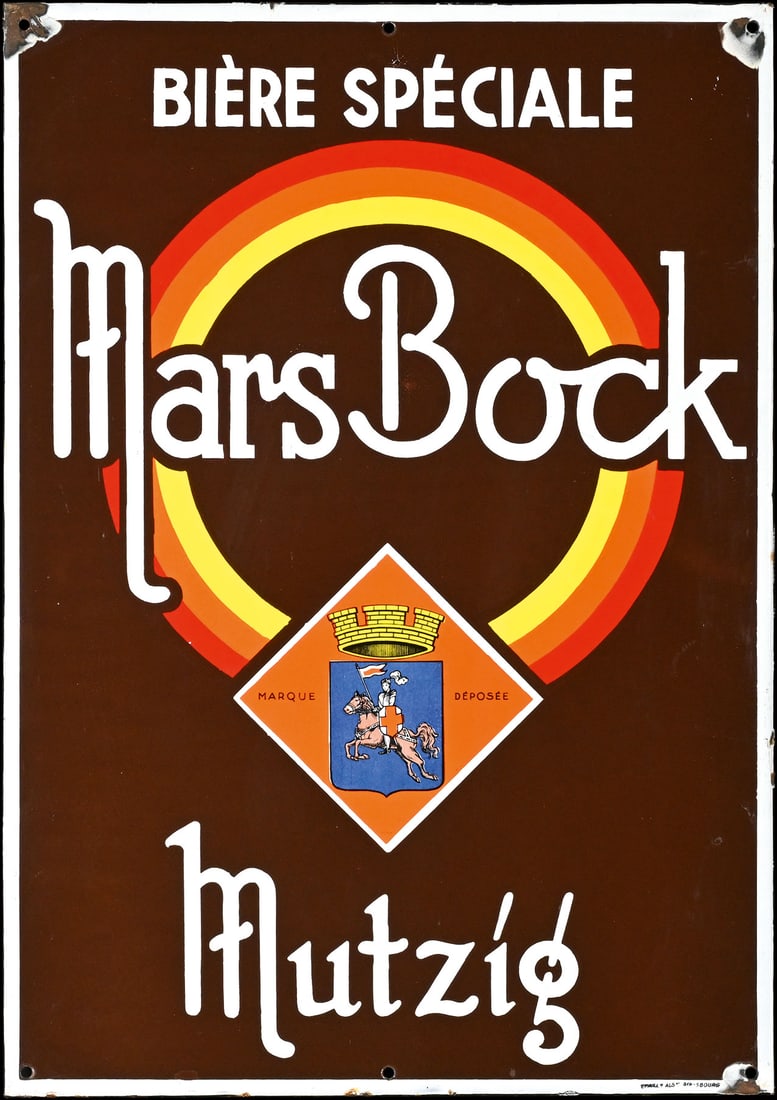 MARS BOCK MUTZIG | PORCELAIN SIGN | (2+): Porcelain sign ( Enamel sign ), stenciled and lithographed, F around 1930, 48 x 68 cm, Emaillerie Alsacienne Strasbourg, amazing surface | We do only sell old original pieces - no reproductions or fak