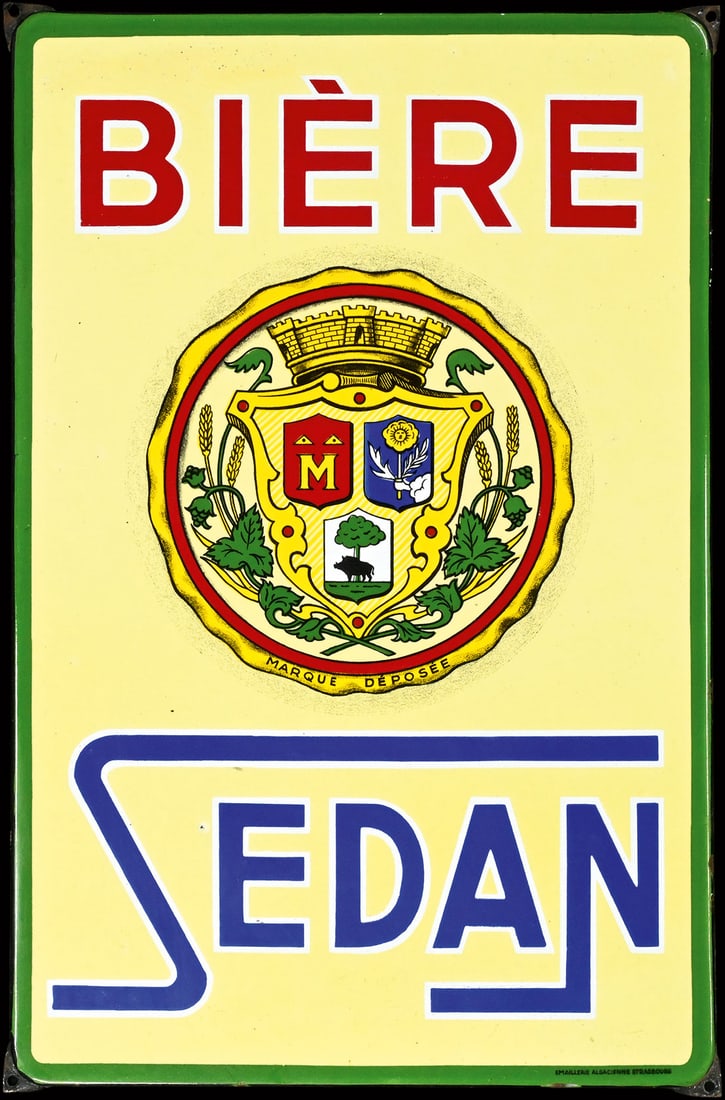BIERE SEDAN | PORCELAIN SIGN | (1+): Porcelain sign ( Enamel sign ), stenciled and lithographed, F around 1930, 38 x 58 cm, Emaillerie Alsacienne Strasbourg, rare, also in fine preservation | We do only sell old original pieces - no repr