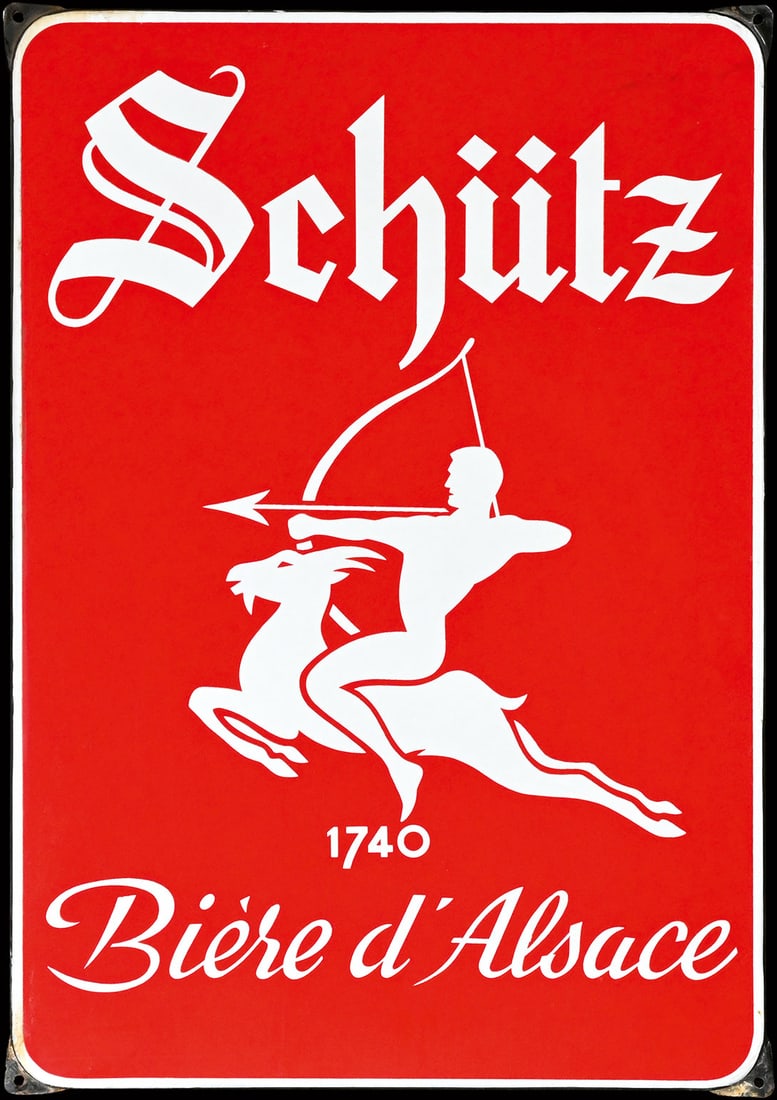 SCHUETZ BIERE D'ALSACE | PORCELAIN SIGN | (1+): Porcelain sign ( Enamel sign ), stenciled and lithographed, F around 1950, 48 x 67 cm | We do only sell old original pieces - no reproductions or fakes. We pack in house, most items can be shipped ove
