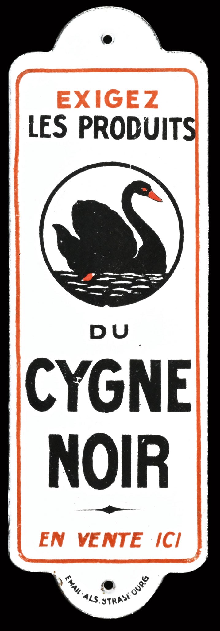 CYGNE NOIR | PORCELAIN SIGN | (1+): Doorsign, enamel, stenciled, F around 1930, 6 x 18 cm, Emaillerie Alsacienne Strasbourg | We do only sell old original pieces - no reproductions or fakes. We pack in house, most items can be shipped o