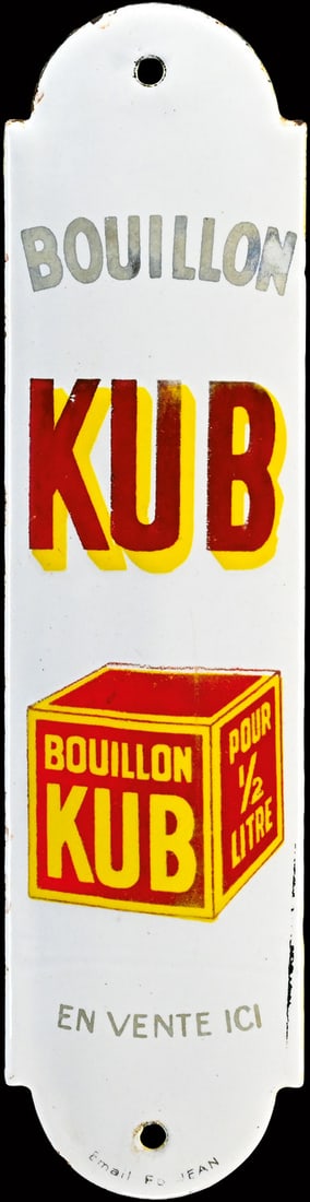BOUILLON KUB | PORCELAIN SIGN | (2): Doorsign, convex, stenciled and lithographed, F around 1930, 5 x 20 cm, Email Ed. Jean, Paris, somewhat faded | We do only sell old original pieces - no reproductions or fakes. We pack in house, most 