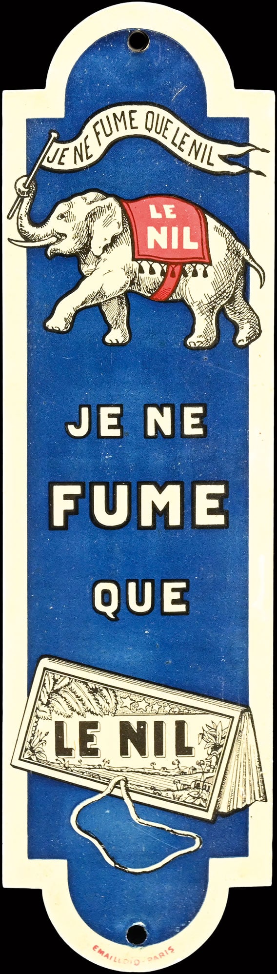 LE NIL | TIN SIGN | (1+): Doorsign, tin, convex, F 1930s, 6,5 x 23 cm, Emailloid-Paris | We do only sell old original pieces - no reproductions or fakes. We pack in house, most items can be shipped overseas. Wooden crates are 