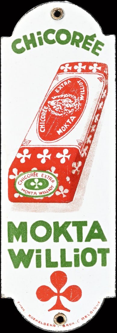 CHICOREE MOKTA WILLIOT | PORCELAIN SIGN | (1+): Doorsign, enamel, convex, stenciled and lithographed, BE around 1930, 7 x 20 cm, Email. Koekelberg Brux | We do only sell old original pieces - no reproductions or fakes. We pack in house, most items 
