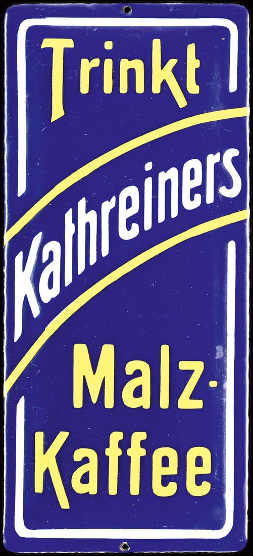 TRINKT KATHREINERS MALZ-KAFFEE | PORCELAIN SIGN | (1+): Doorsign, enamel, convex, stenciled, GER around 1930, 8 x 18 cm | We do only sell old original pieces - no reproductions or fakes. We pack in house, most items can be shipped overseas. Wooden crates a