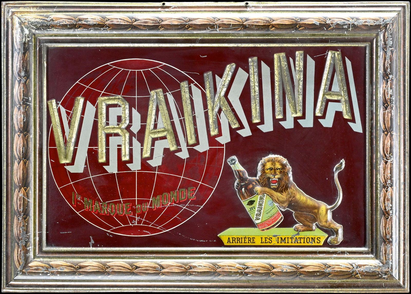 VRAIKINA | TIN SIGN | (2+): Tin sign, embossed in relief, finely lithographed, F/BE around 1930, 49 x 35 cm | We do only sell old original pieces - no reproductions or fakes. We pack in house, most items can be shipped overseas.