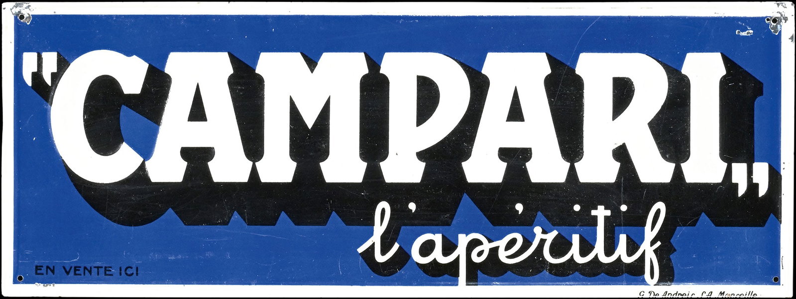 CAMPARI - L'APERITIF | TIN SIGN | (1): Tin sign, embossed, lithographed, 1930s, 39 x 14 cm, G. de Andreis, Marseille, extremely rare, one of the most famous advertising letterings | We do only sell old original pieces - no reproductions or