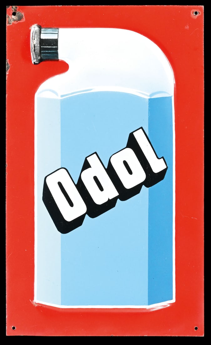 ODOL | PORCELAIN SIGN | (1-2): Porcelain sign ( Enamel sign ), the bottle embossed, stenciled and lithographed, around 1930, 30 x 50 cm, rare version without folded borders, beautiful colors and gloss | We do only sell old original