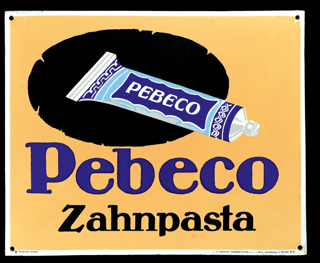 PEBECO ZAHNPASTA | SUPER RARE AND EARLY PORCELAIN SIGN BY ATELIER LEROI | (1+): Porcelain sign ( Enamel sign ), convex, stenciled, GER around 1908, 40 x 50 cm, Frankfurter Emaillirwerke Neu-Isenburg, it didn't take many words to advertise this oral hygiene product. The tube is ad