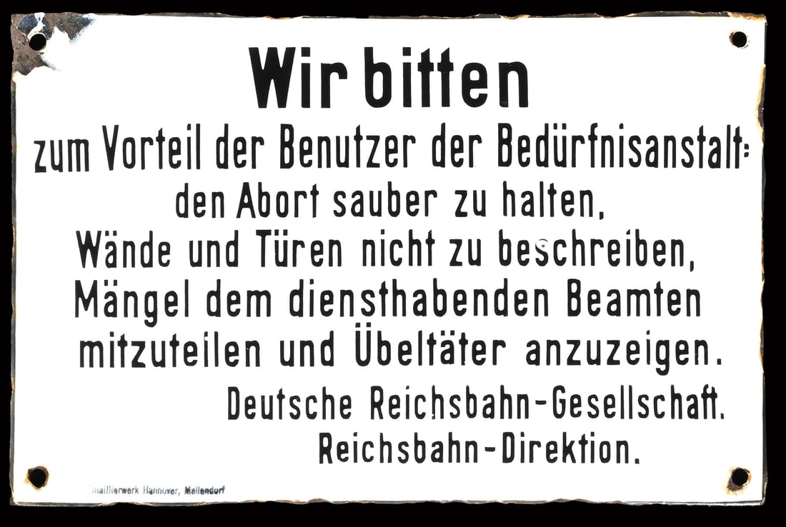 BENUTZER DER BEDUERFNISANSTALT | PORCELAIN SIGN | (2): Porcelain sign ( Enamel sign ), stenciled, GER around 1930, 28 x 18 cm, Emaillierwerk Hannover, Mellendorf | We do only sell old original pieces - no reproductions or fakes. We pack in house, most ite