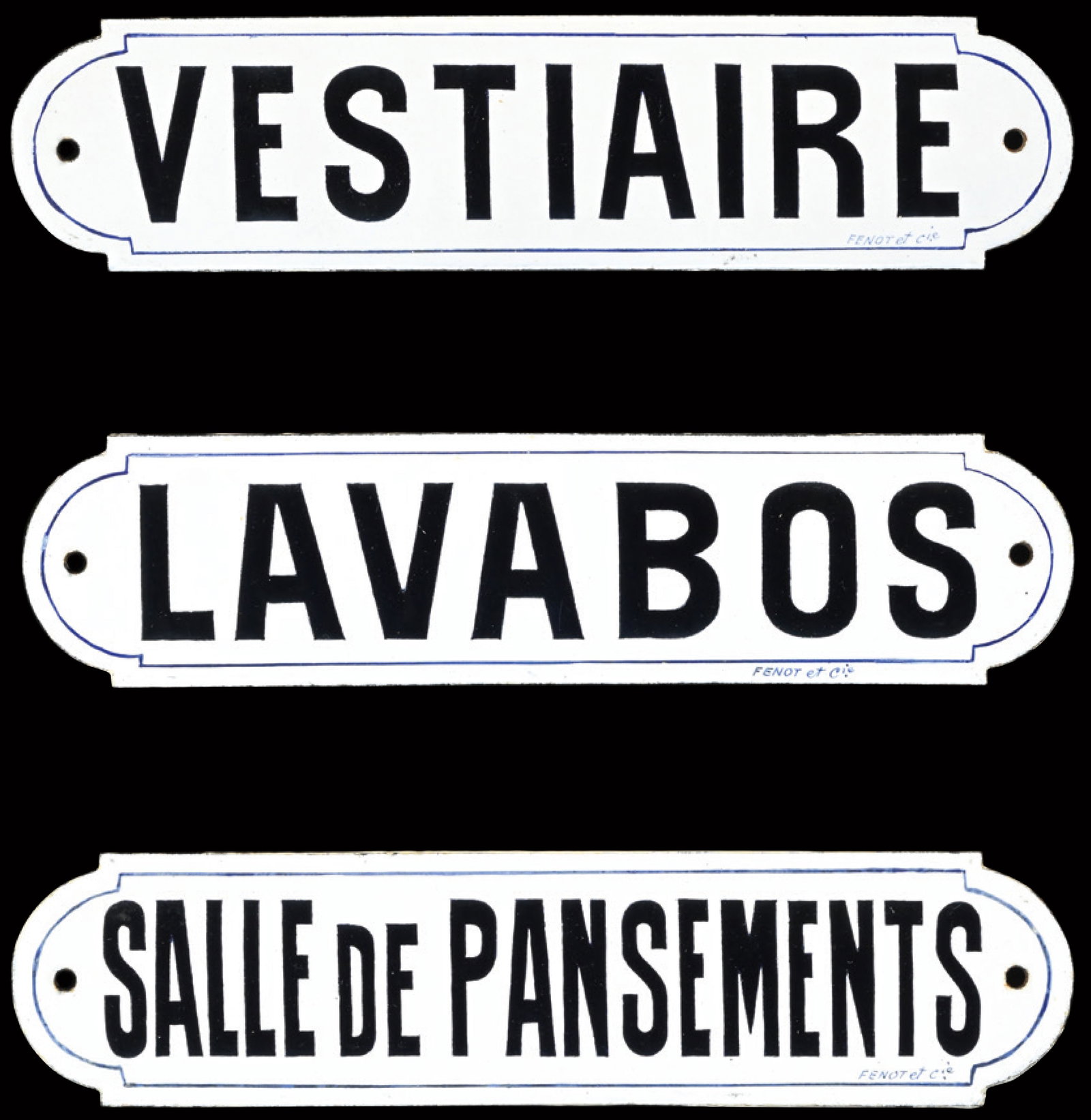 SALLE DE PANSEMENTS | VESTIAIRE | LAVABOS | PORCELAIN SIGNS | (1+): Set of 3 enameled signs, boldly stenciled, F around 1930, 25 x 6 cm, Fenot et Cie. | We do only sell old original pieces - no reproductions or fakes. We pack in house, most items can be shipped overse