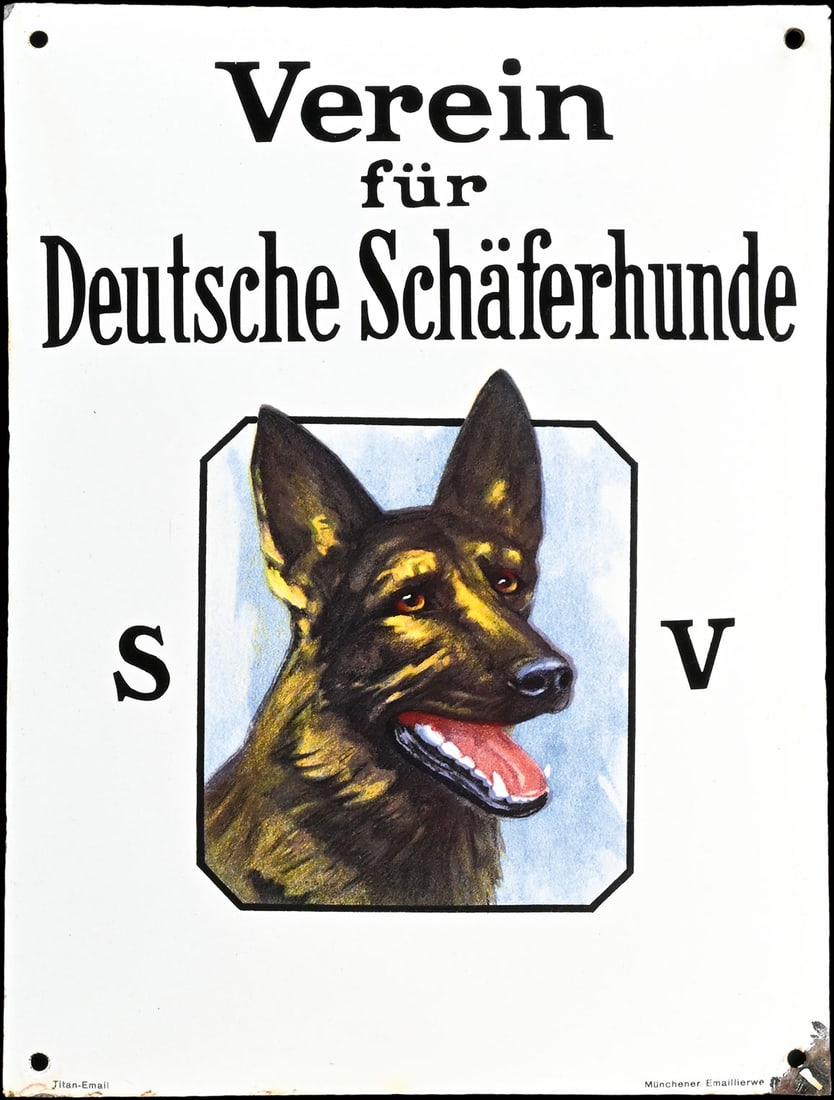 VEREIN FUER DEUTSCHE SCHAEFERHUNDE | PORCELAIN SIGN | (1): Porcelain sign ( Enamel sign ), convex, stenciled and lithographed, GER 1930s, 25 x 33 cm, Titan-Email, Muenchener Emaillierwerk, fresh colors | We do only sell old original pieces - no reproductions 