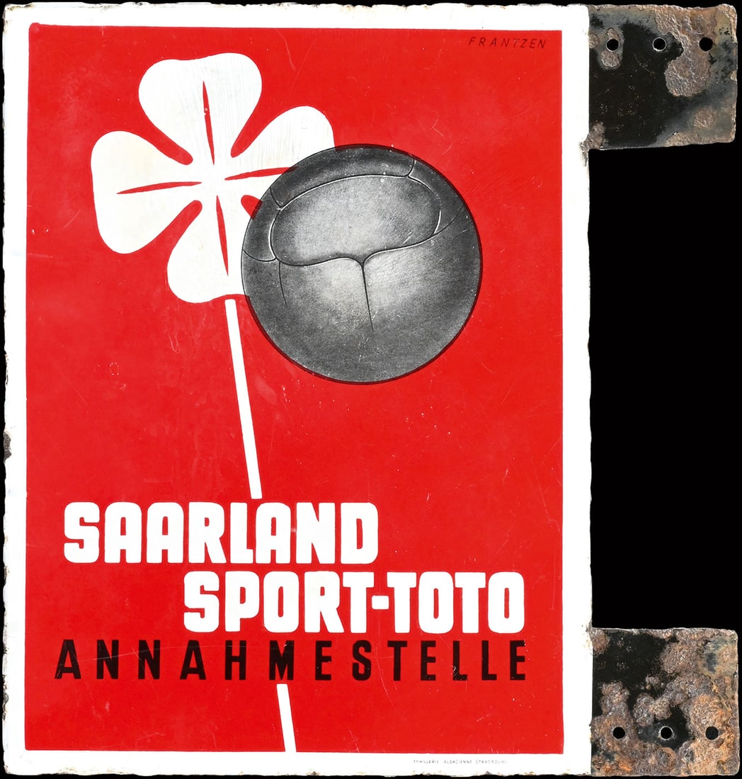 SAARLAND SPORT-TOTO | PORCELAIN SIGN | DOUBLE SIDED FLANGE | (2-): Porcelain sign ( Enamel sign ), double-sided flange, stenciled and lithographed, GER around 1950, 39 x 41 cm, Emaillerie Alsacienne Strasbourg, signed: Frantzen | We do only sell old original pieces -