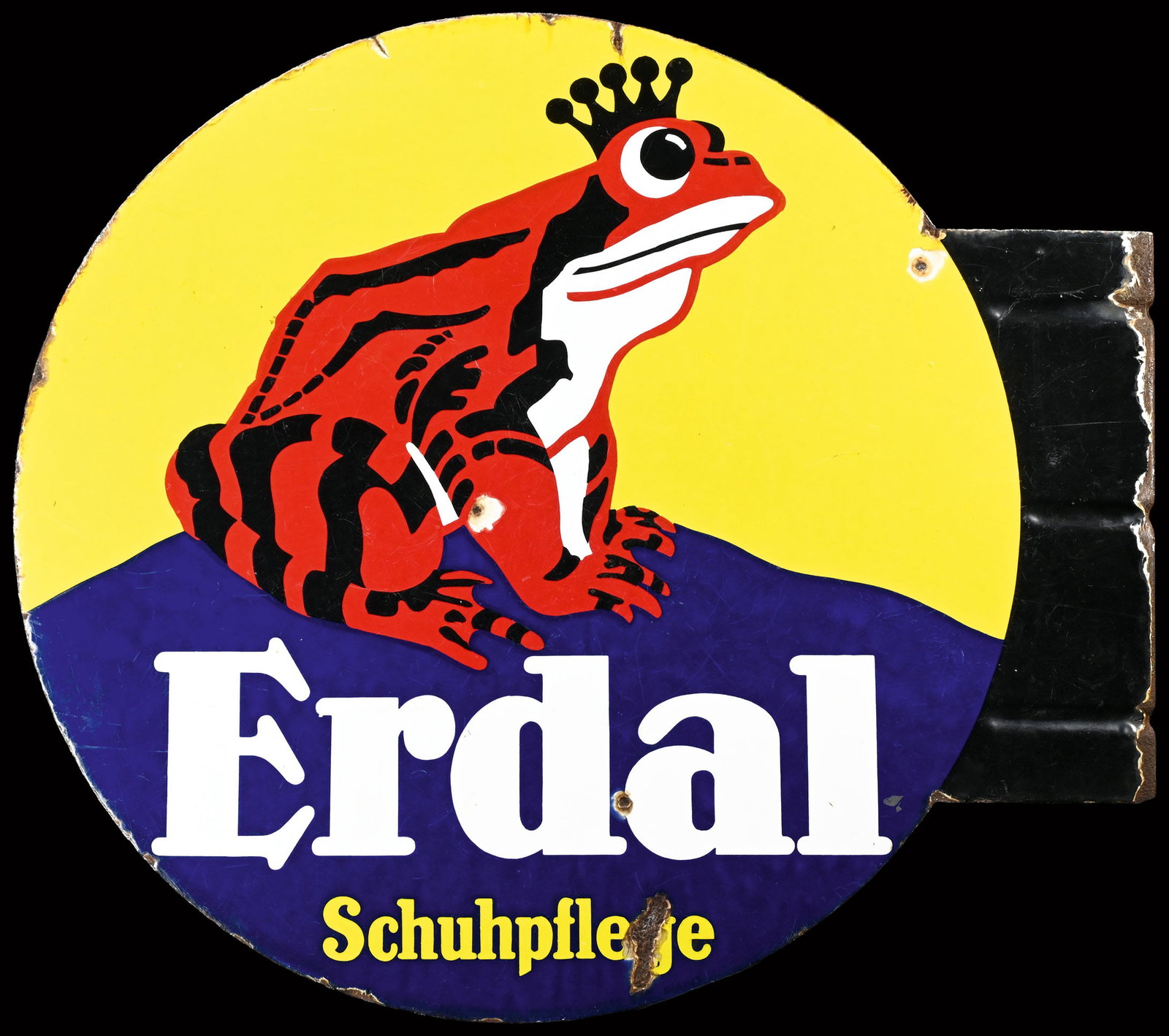 ERDAL SCHUHPFLEGE | PORCELAIN SIGN | DOUBLE SIDED FLANGE | (2-): Porcelain sign ( Enamel sign ), double-sided stenciled, GER around 1930, 79 x 70 cm, scratches, very beautiful gloss | We do only sell old original pieces - no reproductions or fakes. We pack in house