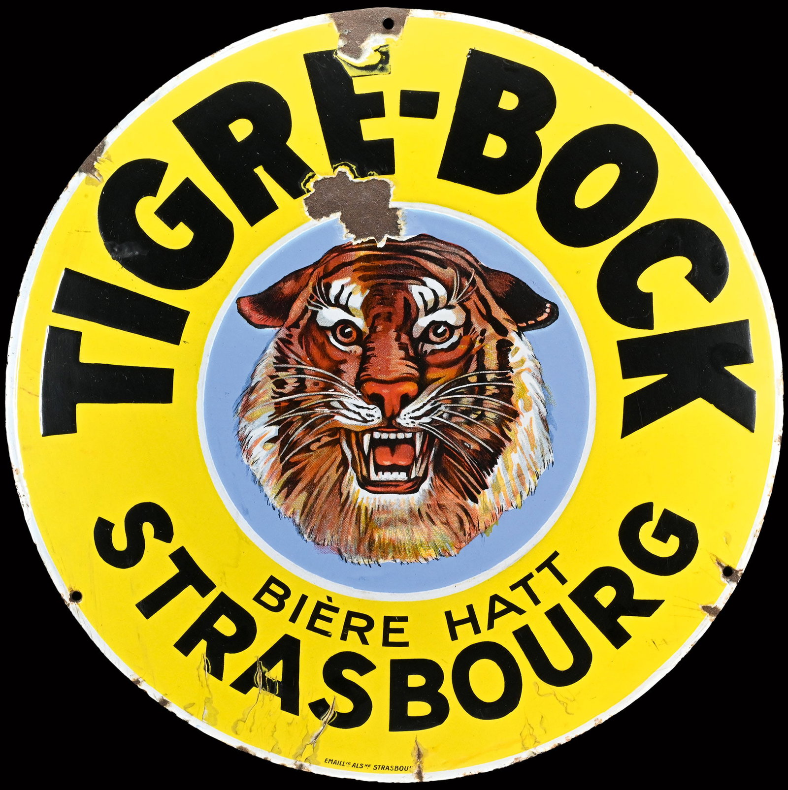 TIGRE-BOCK | PORCELAIN SIGN | (3+): Porcelain sign ( Enamel sign ), convex, thickly stenciled, the tiger image lithographed, Strasbourg/F around 1930, diam. 49 cm, Emaill. Als. Strasbour, very glossy surface | We do only sell old origin