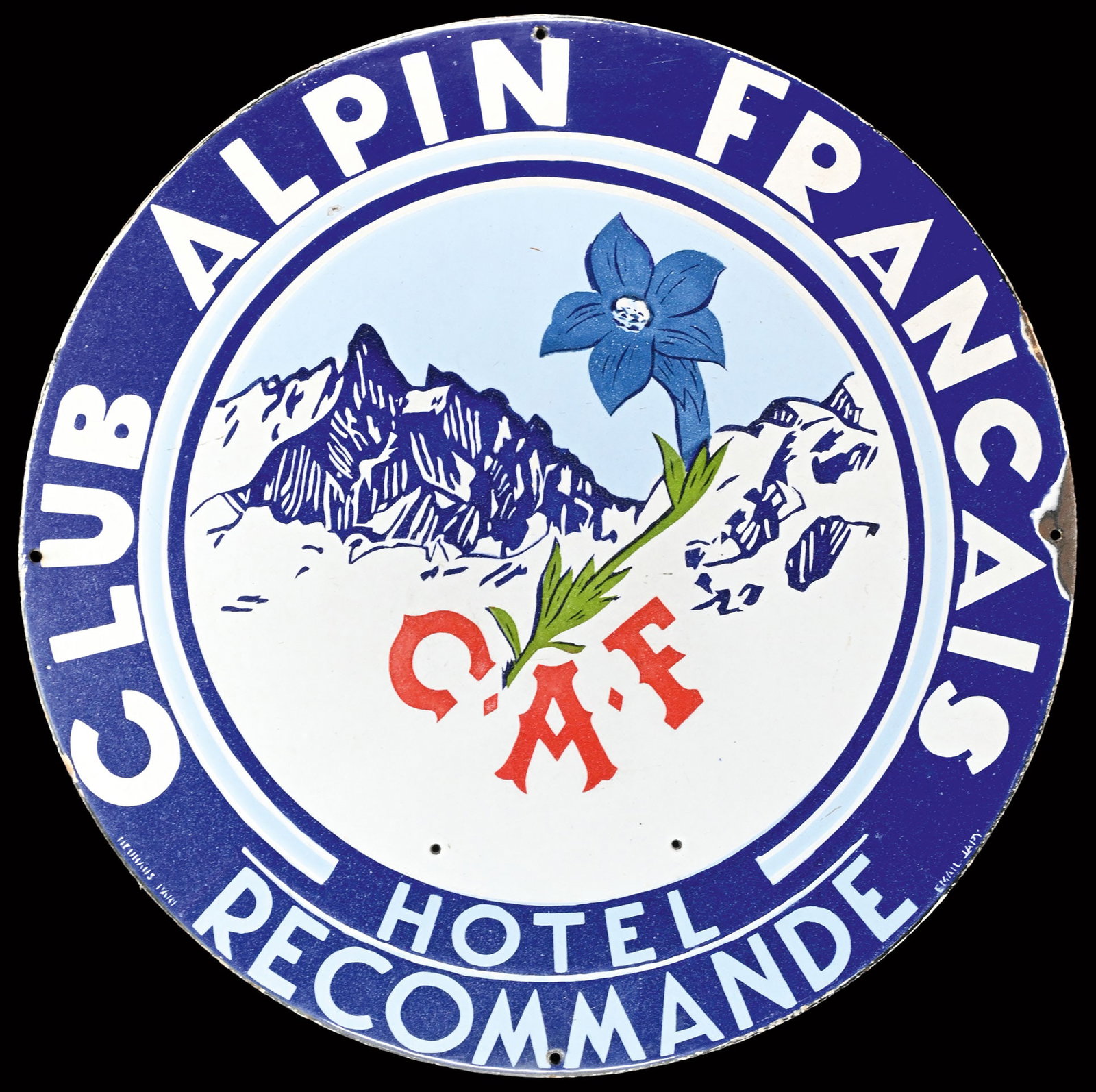 CLUB ALPIN FRANCAIS | PORCELAIN SIGN | (2+): Porcelain sign ( Enamel sign ), convex, stenciled, F 1930s, diam. 50 cm, Email Japy, Neuhaus Paris | We do only sell old original pieces - no reproductions or fakes. We pack in house, most items can b