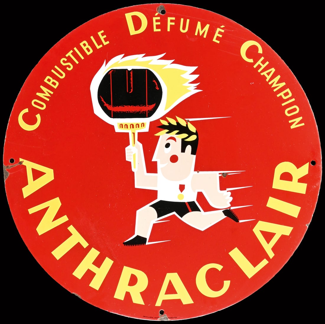ANTHRACLAIR | PORCELAIN SIGN | (1): Porcelain sign ( Enamel sign ), stenciled, F around 1960, diam. 45 cm, Emaillerie Alsacienne Strasbourg | We do only sell old original pieces - no reproductions or fakes. We pack in house, most items 