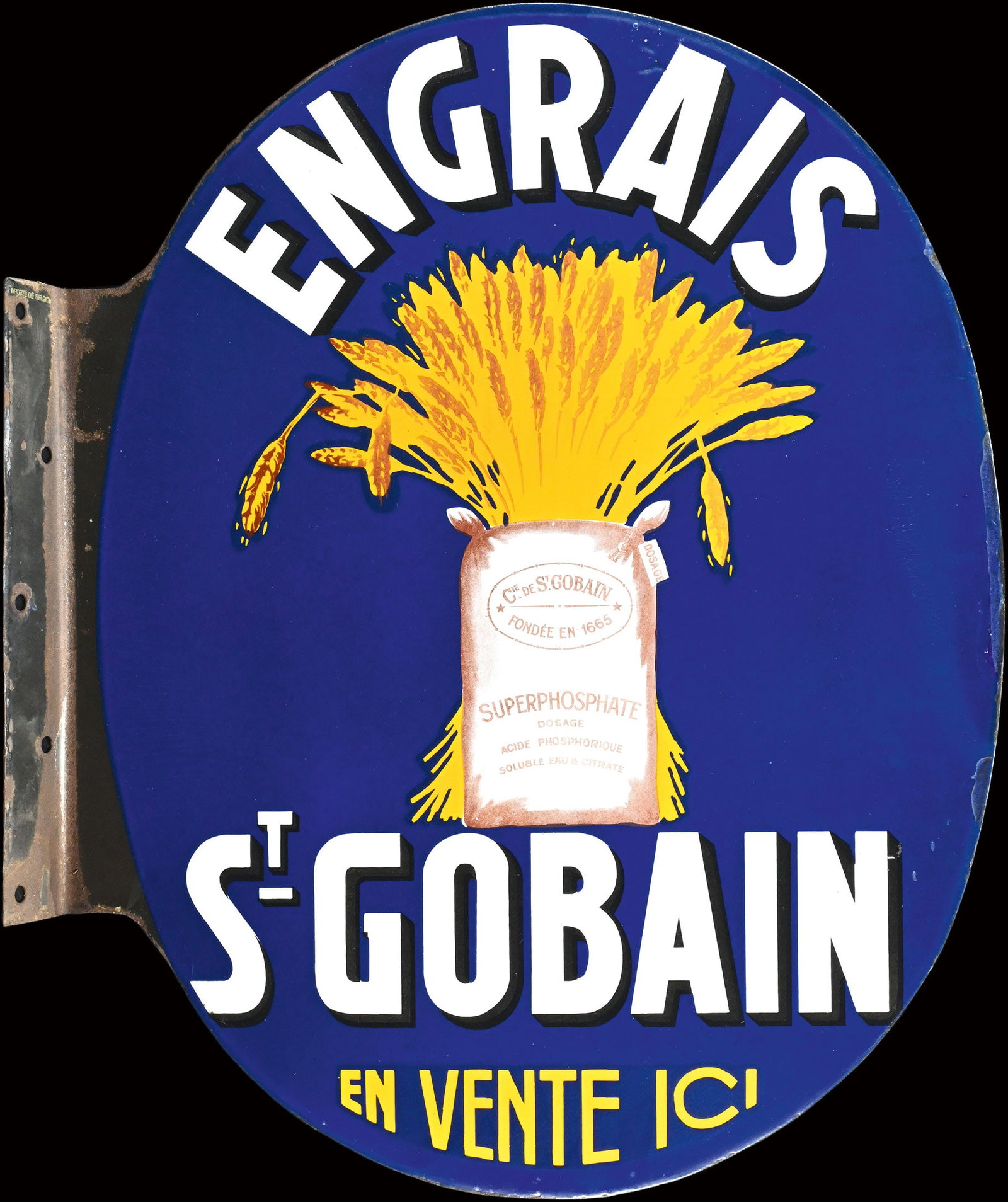 ENGRAIS ST. GOBAIN | PORCELAIN SIGN | DOUBLE SIDED FLANGE | (1): Porcelain sign ( Enamel sign ) as double-sided flange, F around 1950, 50 x 62 cm | We do only sell old original pieces - no reproductions or fakes. We pack in house, most items can be shipped overseas