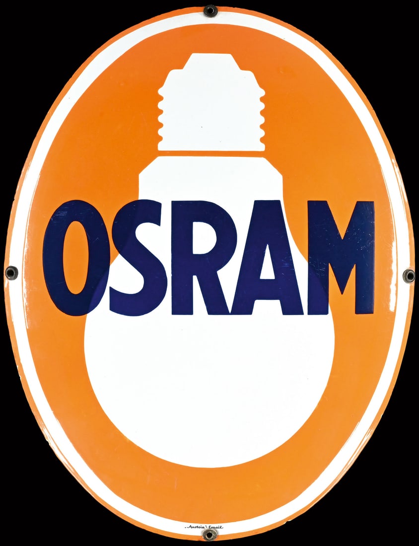 OSRAM | PORCELAIN SIGN | (1): Porcelain sign ( Enamel sign ), convex, stenciled, AT around 1950, 40 x 50 cm, "Austria" Email, fine scratches hence the harsh grading | We do only sell old original pieces - no reproductions or fakes