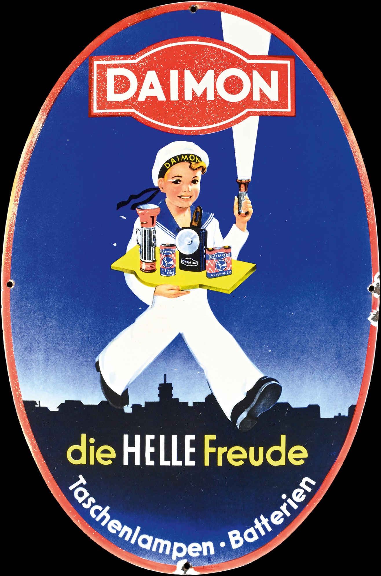 DAIMON - DIE HELLE FREUDE | PORCELAIN SIGN | (2): Porcelain sign ( Enamel sign ), convex, stenciled, GER around 1950, 33 x 50 cm, Pyro-Email, very beautiful gloss, the red with color defects, the back still with the mounting manual | We do only sell 