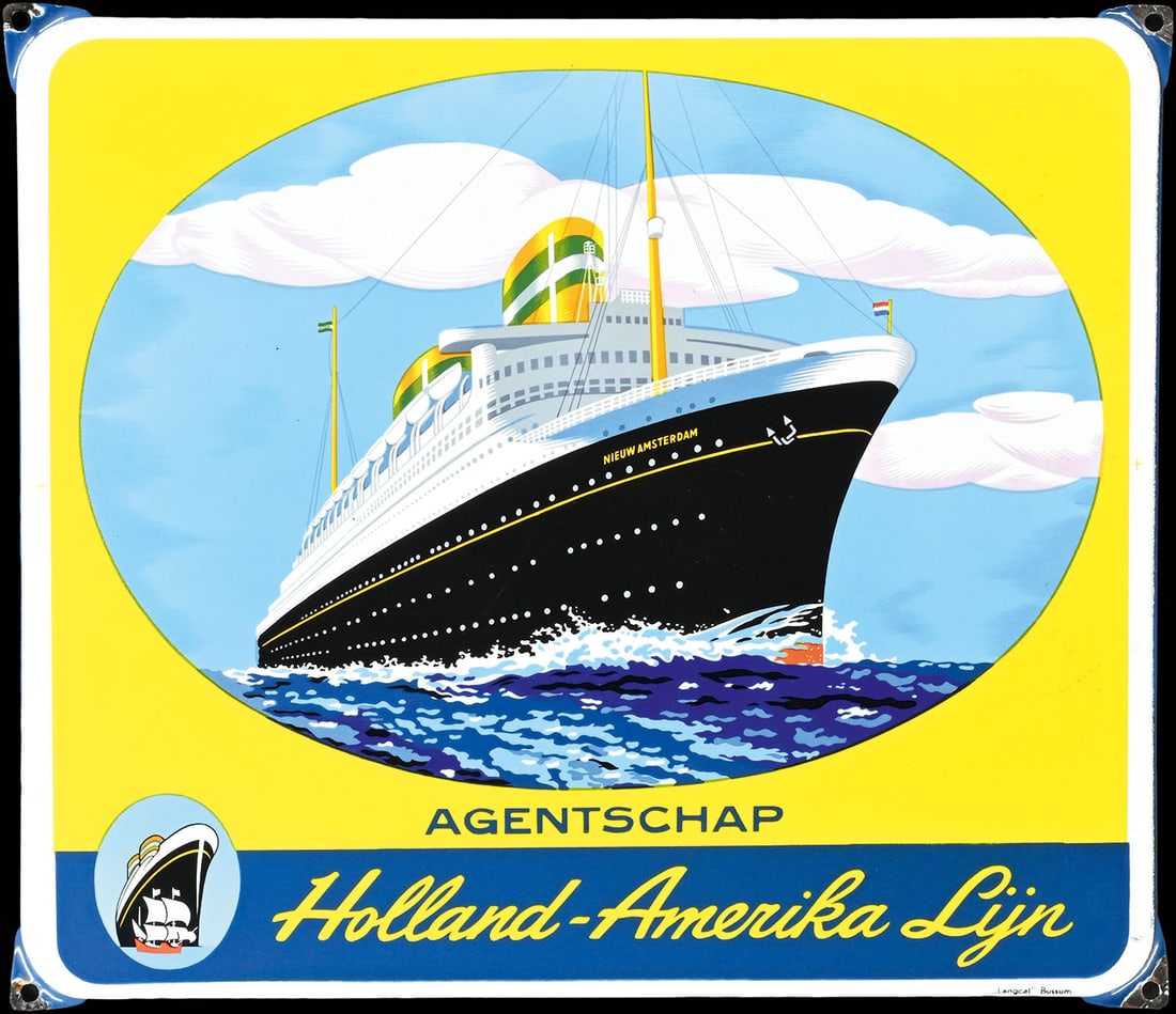 HOLLAND-AMERIKA LIJN | MAGNIFICIENT PORCELAIN SIGN | (1): Porcelain sign ( Enamel sign ), stenciled and lithographed, NL early 1950s, 44 x 39 cm, "Langcat"-Bussum, depiction of the Nieuw Amsterdam, an ocean steamliner, on high seas, light spray splashes arou