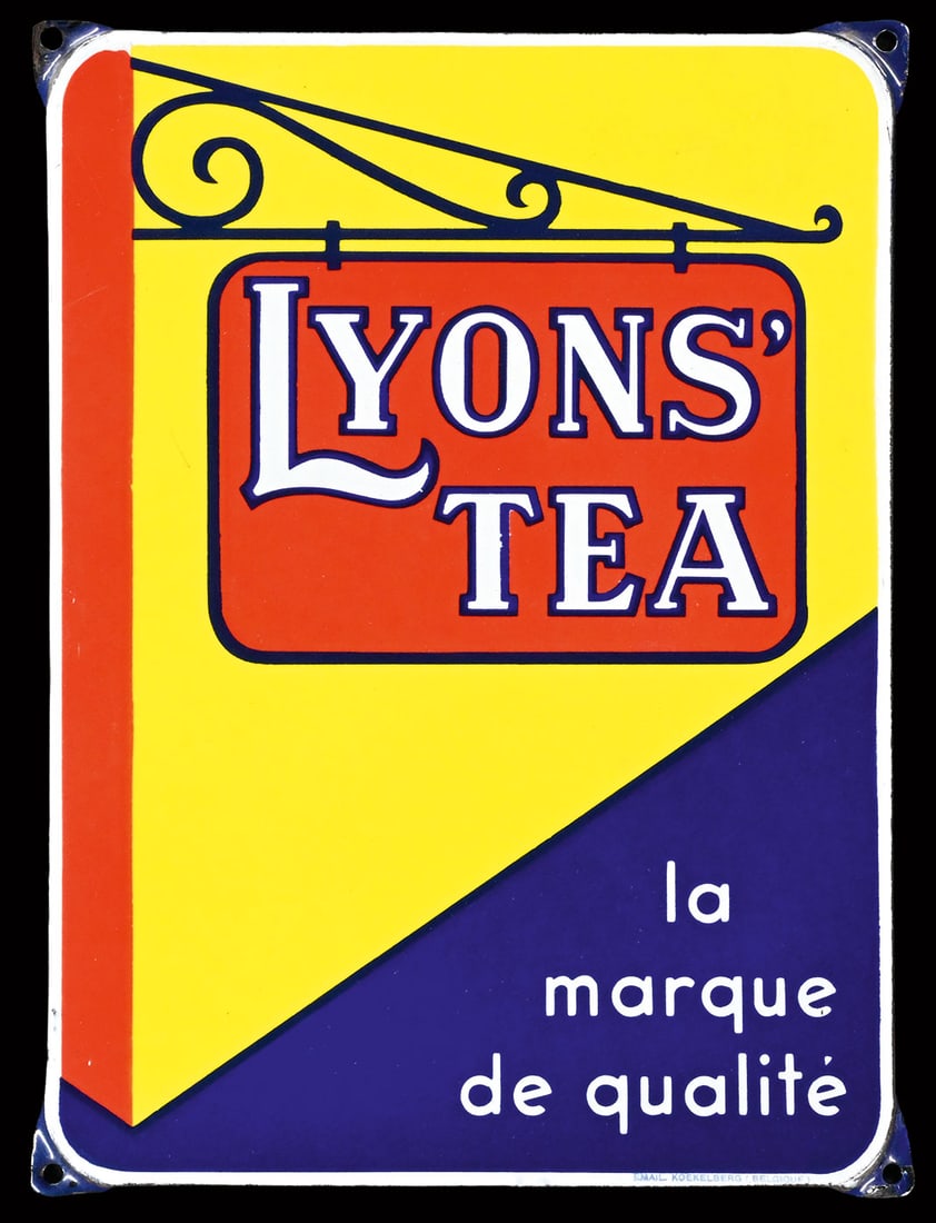 LYON'S TEA | PORCELAIN SIGN | (1+): Porcelain sign ( Enamel sign ), stenciled, BE around 1930, 23 x 32 cm, Email. Koekelberg (Belgique), rare, finely preserved | We do only sell old original pieces - no reproductions or fakes. We pack i