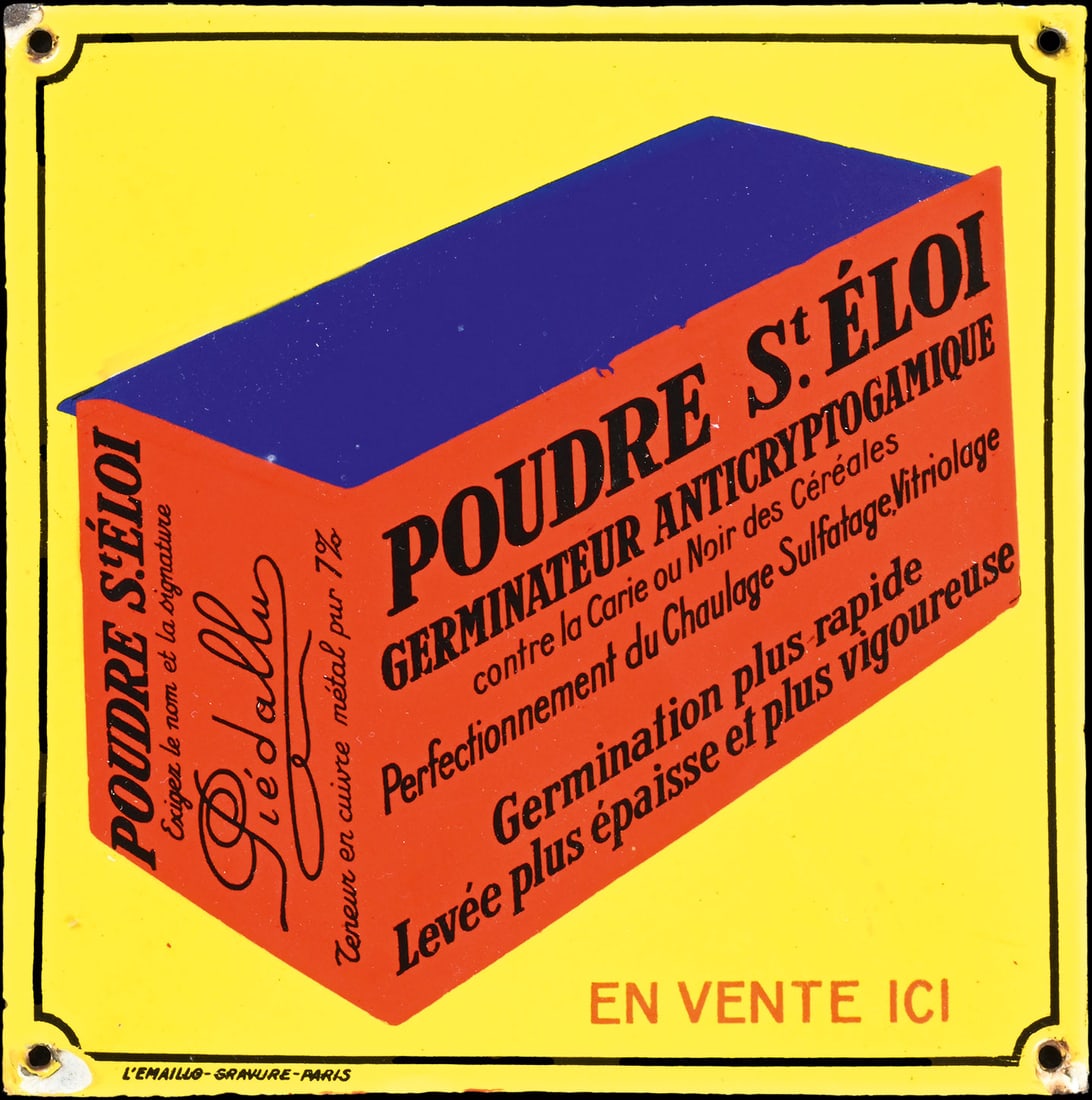 POUDRE ST. ELOI | PORCELAIN SIGN | (1): Porcelain sign ( Enamel sign ), convex, stenciled, F 1930s, 20 x 20 cm, L'Emaillo-Gravure- Paris | We do only sell old original pieces - no reproductions or fakes. We pack in house, most items can be 