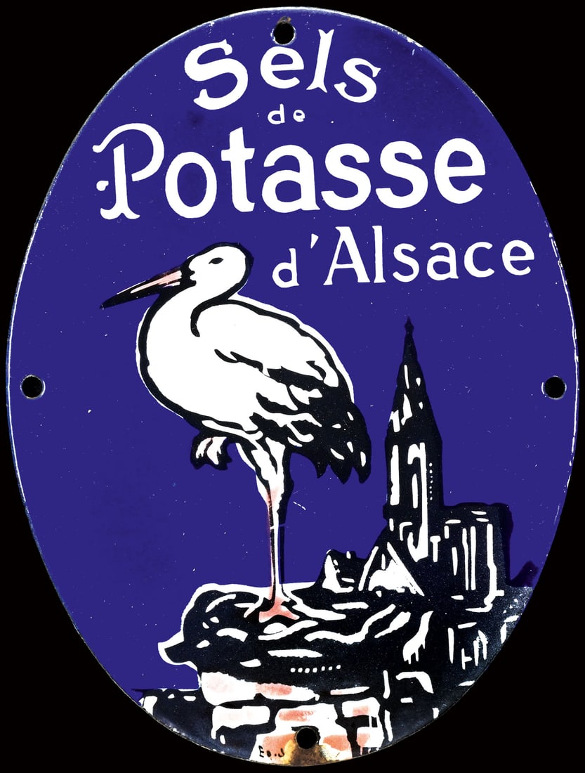 SELS DE POTASSE D'ALSACE | PORCELAIN SIGN BY HANSI | (1): Doorsign, enamel, stenciled and lithographed, F around 1930, 15 x 20 cm, Ed. Jean, perfect gloss | We do only sell old original pieces - no reproductions or fakes. We pack in house, most items can be 