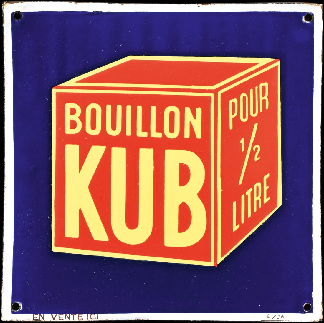 BOUILLON KUB | PORCELAIN SIGN | (1+): Porcelain sign ( Enamel sign ), convex, stenciled, F April 1936, 20 x 20 cm | We do only sell old original pieces - no reproductions or fakes. We pack in house, most items can be shipped overseas. Woo