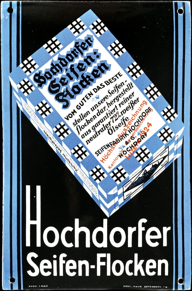 HOCHDORFER SEIFEN-FLOCKEN | PORCELAIN SIGN | (1++): Porcelain sign ( Enamel sign ), convex, stenciled and lithographed, Lucerne/CH around 1930, 20 x 30 cm, Pyro-Email, Boos & Hahn, Ortenberg-Baden | We do only sell old original pieces - no reproduction