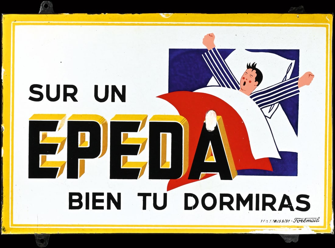EPEDA | PORCELAIN SIGN | (2-): Porcelain sign ( Enamel sign ), stenciled, BE 1951, 58 x 38 cm, Foremail, two flaps with material loss | We do only sell old original pieces - no reproductions or fakes. We pack in house, most items c