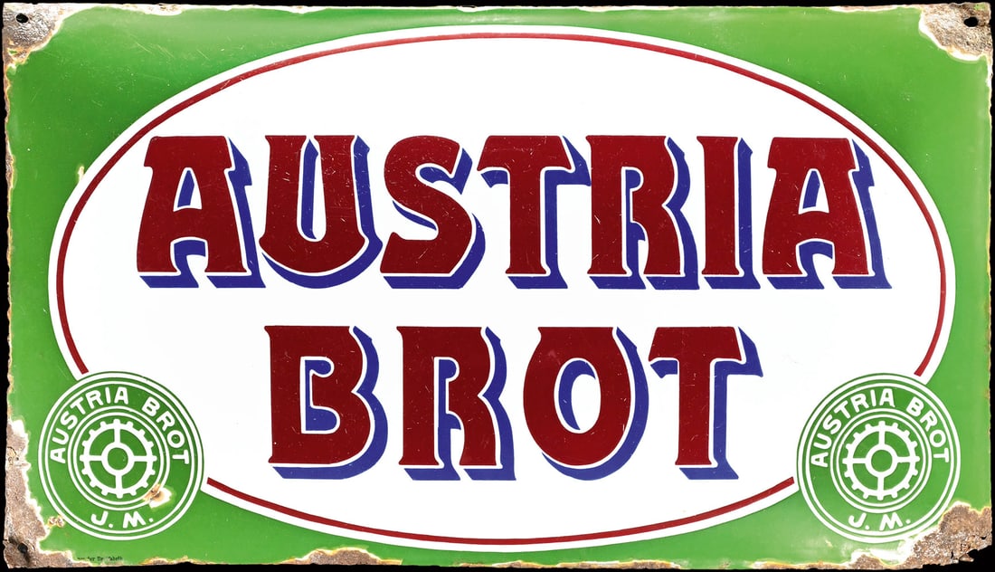 AUSTRIA BROT | PORCELAIN SIGN | (3): Porcelain sign ( Enamel sign ), convex, stenciled, AT around 1930, 70 x 40 cm, Emaillierwerk Hans Fink, Pasing, light material loss in the corners | We do only sell old original pieces - no reproducti