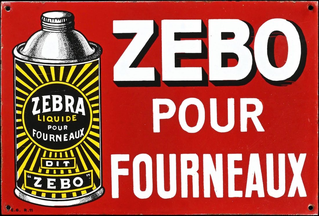 ZEBRA ZEBO POUR FOURNEAUX | PORCELAIN SIGN | (1+): Porcelain sign ( Enamel sign ), stenciled and lithographed, F around 1930, 37 x 35 cm, marked: E.G. R.11 | We do only sell old original pieces - no reproductions or fakes. We pack in house, most items