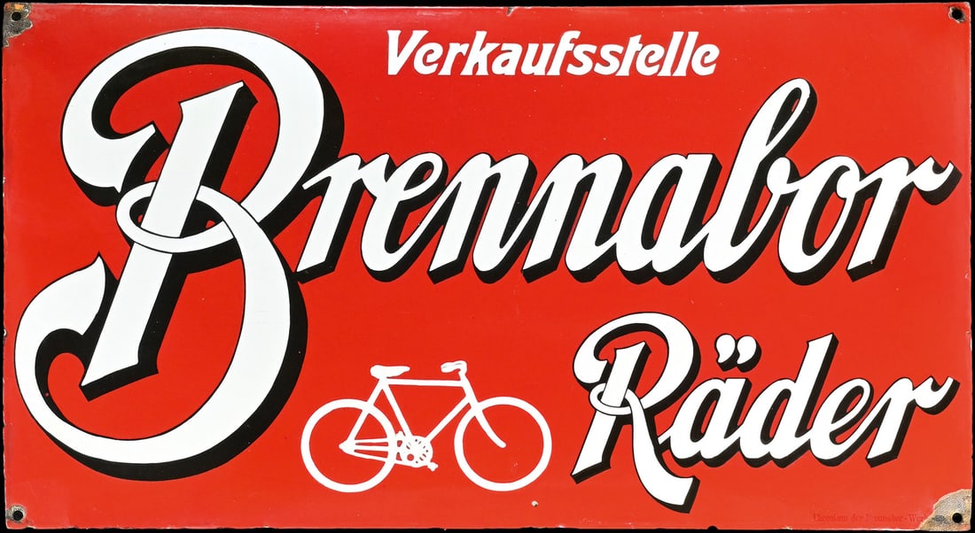 BRENNABOR RAEDER | PORCELAIN SIGN | (2+): Emamel sign, convex, thickly stenciled, GER around 1915, 73 x 40 cm, early manufacturing, fresh gloss and striking colors | We do only sell old original pieces - no reproductions or fakes. We pack in 