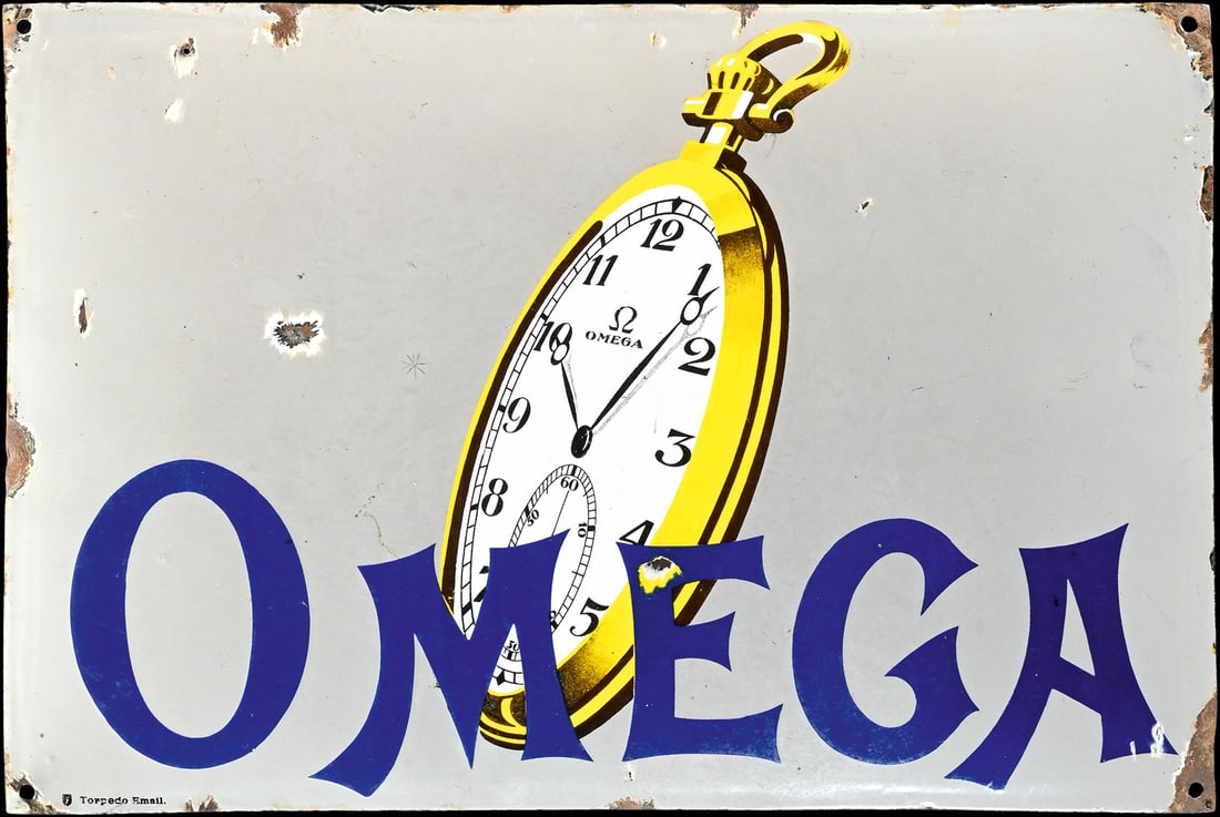 OMEGA | PORCELAIN SIGN | (3): Porcelain sign ( Enamel sign ), convex, stenciled and lithographed, CH around 1920, 60 x 40 cm, Frankfurter Emaillierwerke Neu-Isenburg, small rust-through, traces of usage, slightly distorted, nevert